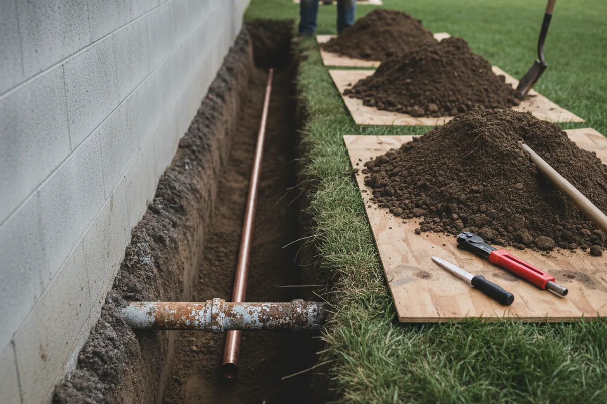 Excavated water line trench during Water Heater Repair in Coden